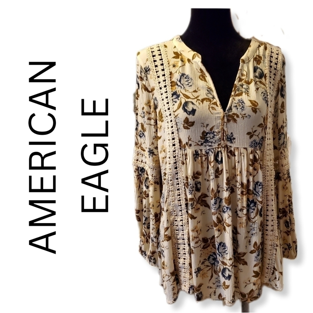 American Eagle Cream Floral Blouse Flowy Sz XS